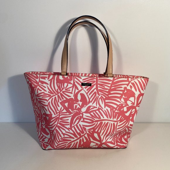 Kate Spade Grant Street Grainy Pink White Floral Print Tote Bag